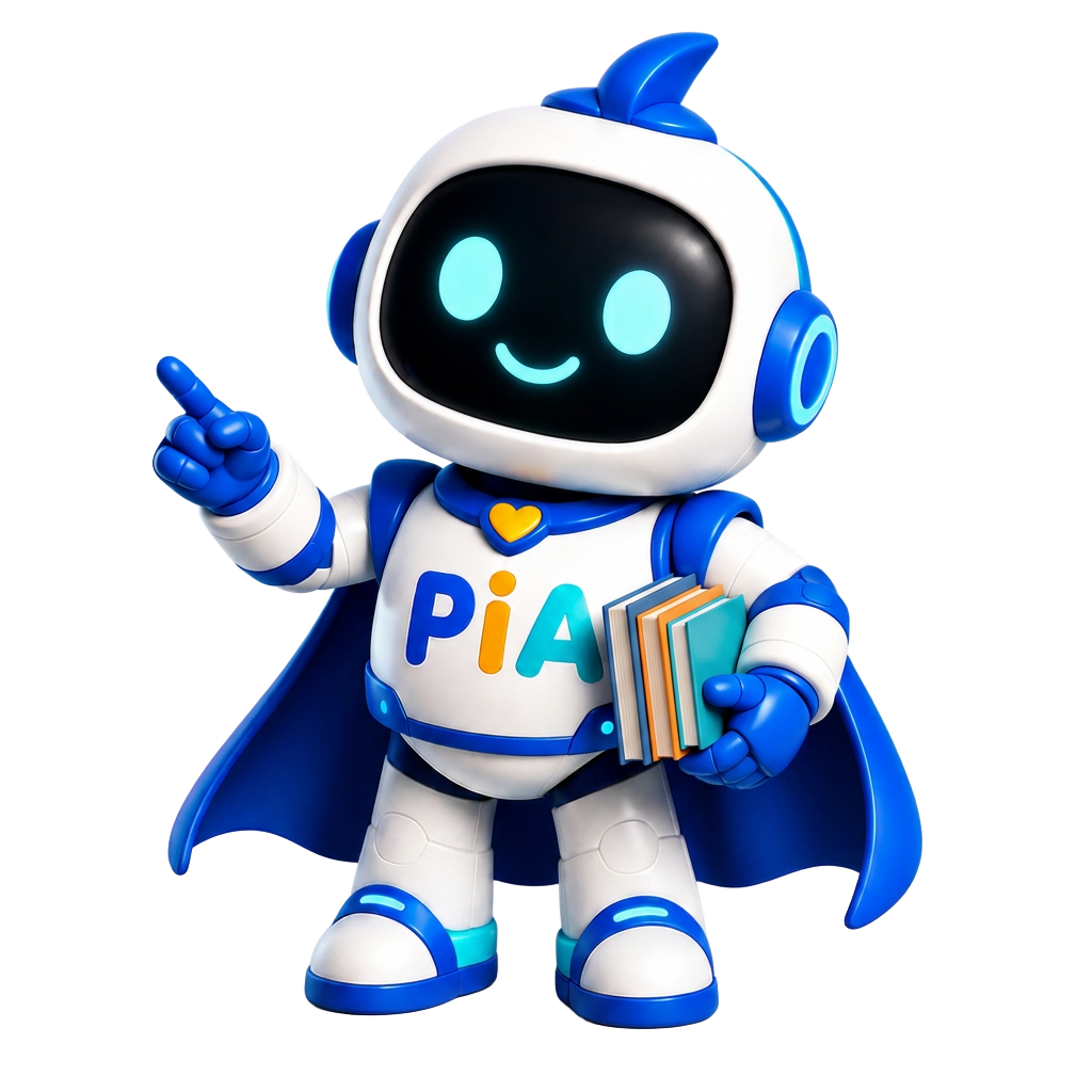 Mascote PIA explicando um conteúdo com livros